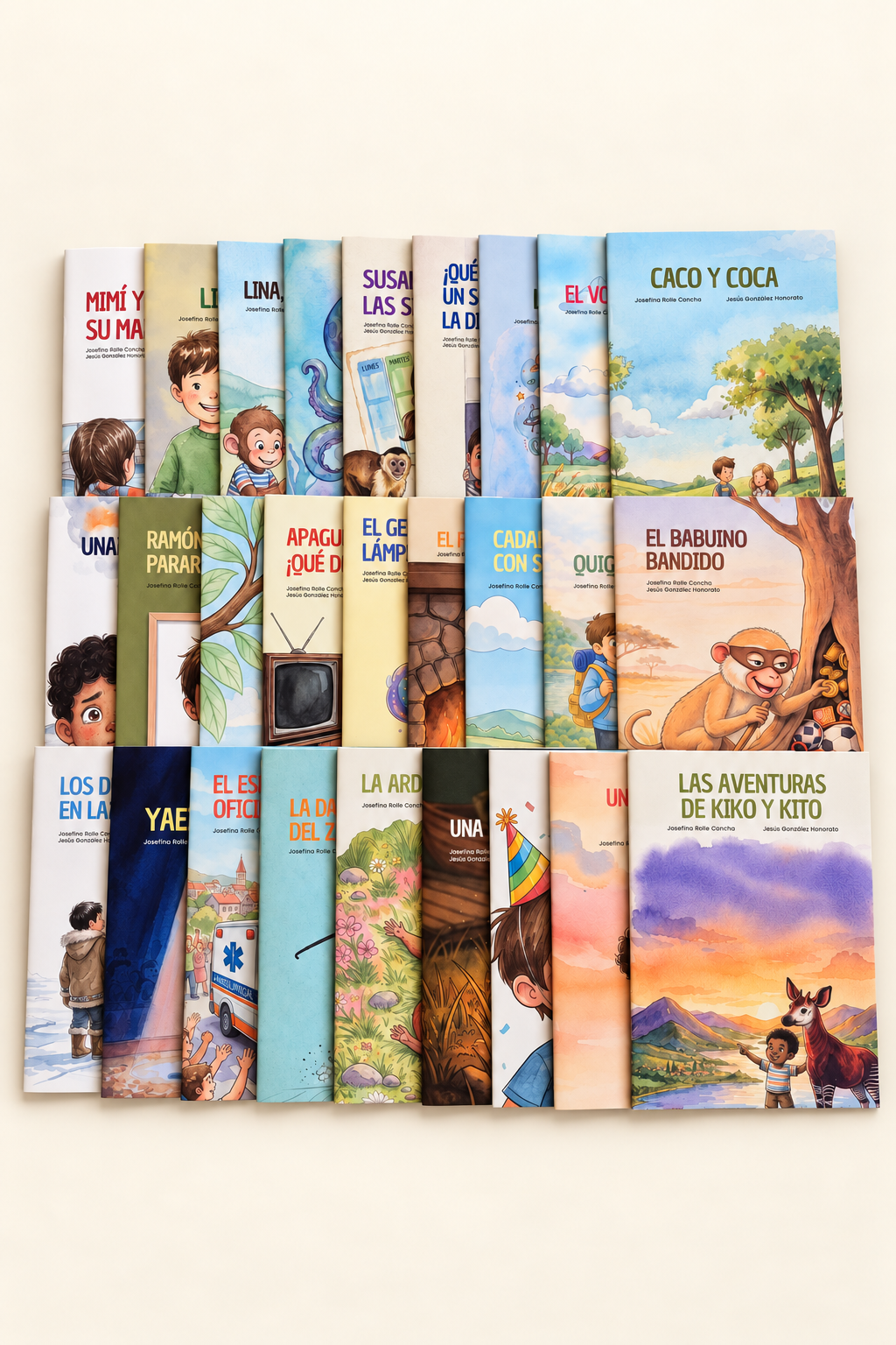 Los 27 libros de RUMBO Lector ordenados en tres filas, uno por cada pack