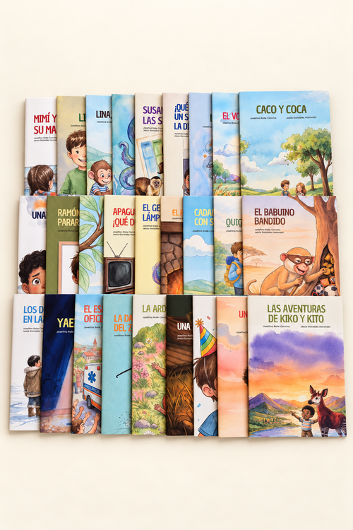 Los 27 libros de RUMBO Lector ordenados en tres filas, uno por cada pack